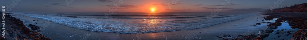 Sunset Over the Ocean with a Dramatic Wave Crashing on the Shore Sunset Over the Ocean with a Dramatic Wave Crashing on the Shore