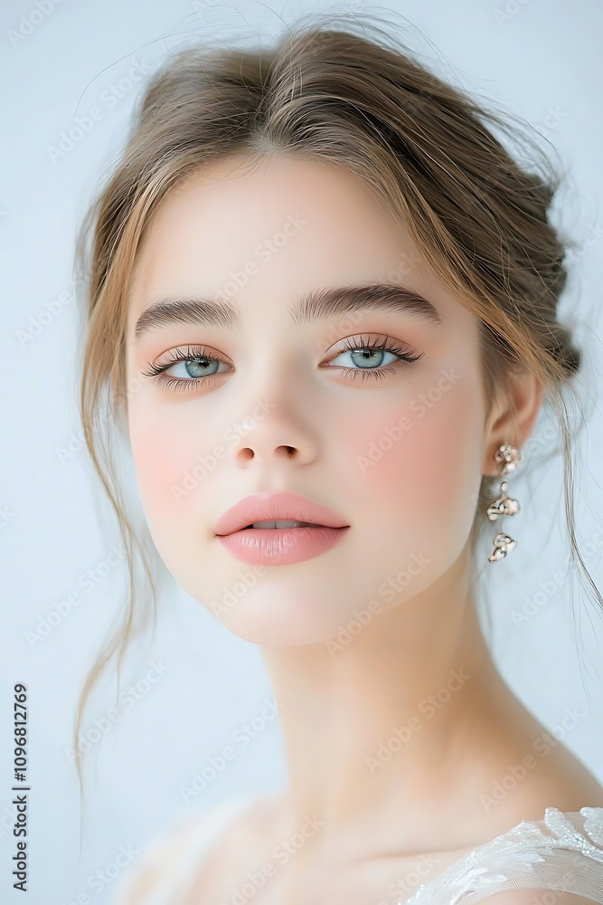 The portrait features a young woman with full, lush lips that are perfectly accentuated by a soft pink lipstick, adding a touch of allure to her already striking beauty. The portrait features a young woman with full, lush lips that are perfectly accentuated by a soft pink lipstick, adding a touch of allure to her already striking beauty.