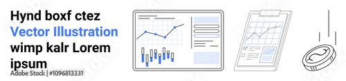Chart with line and bar graphs, report on clipboard, falling coin. Ideal for finance, investment, analytics, data visualization, business reports, market analysis, financial planning. Landing page