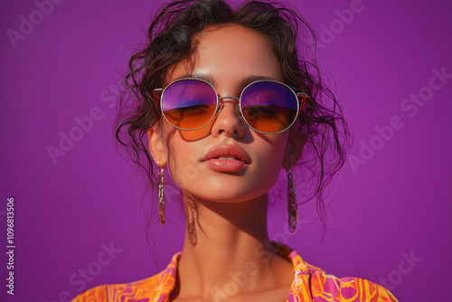 Fashionable young woman wearing stylish sunglasses urban setting portrait photography vibrant colors