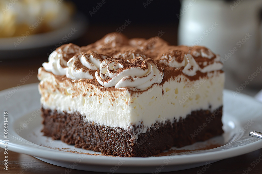Decadent chocolate cake with whipped cream kitchen food photography indoor dessert delight Decadent chocolate cake with whipped cream kitchen food photography indoor dessert delight