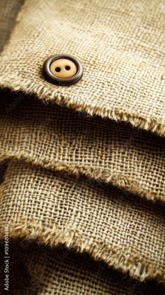 Close-up of woven burlap fabric with a brown button, showcasing rustic texture and earthy tones. Close-up of woven burlap fabric with a brown button, showcasing rustic texture and earthy tones.