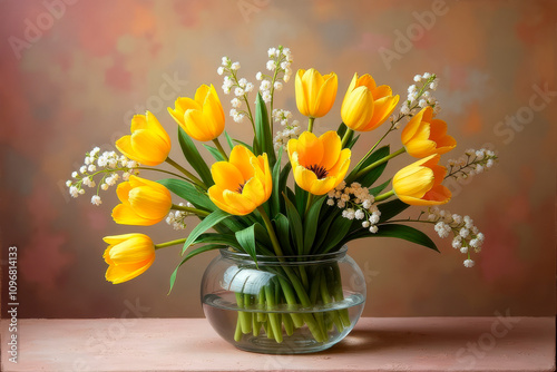 Bright yellow tulips and valley lily in a glass vase against a soft brown background with a copying space  