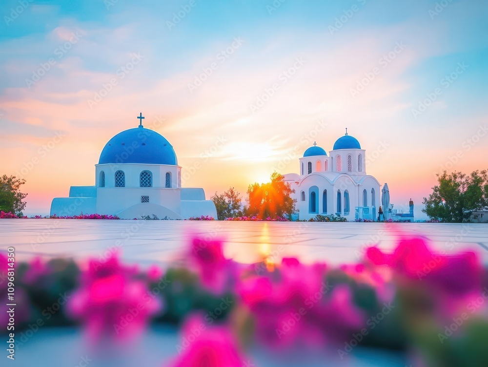 Obraz premium Vibrant sunset over Santorinis iconic bluedomed churches, shimmering in watercolor hues, soft reflections on the Aegean Sea