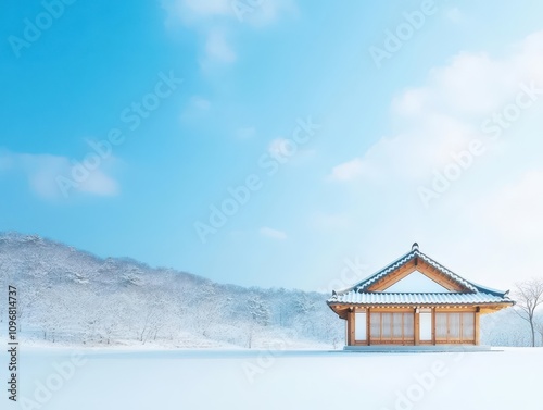 Wallpaper Mural Traditional Korean hanok house in a snowy landscape, side view, showcasing harmony with nature, robotic tone, Splitcomplementary Color Scheme Torontodigital.ca