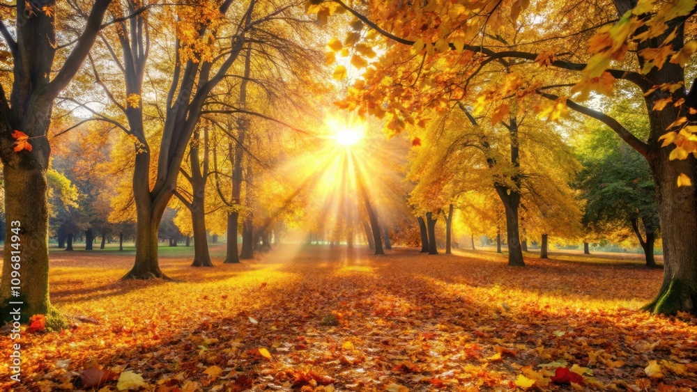 Fototapeta premium Golden Sunlight Pierces Through Autumn Trees, Casting Long Shadows and Illuminating a Carpet of Fallen Leaves