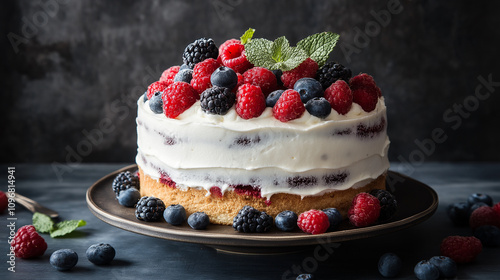 Delicious layered cake with fresh berries. Sweet dessert, perfect for celebrations.