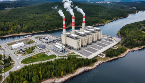 Centrale Frontenac Power Station On Magog River In Sherbrooke, Quebec, Canada. aerial shot isolated highlighted by white, png photo