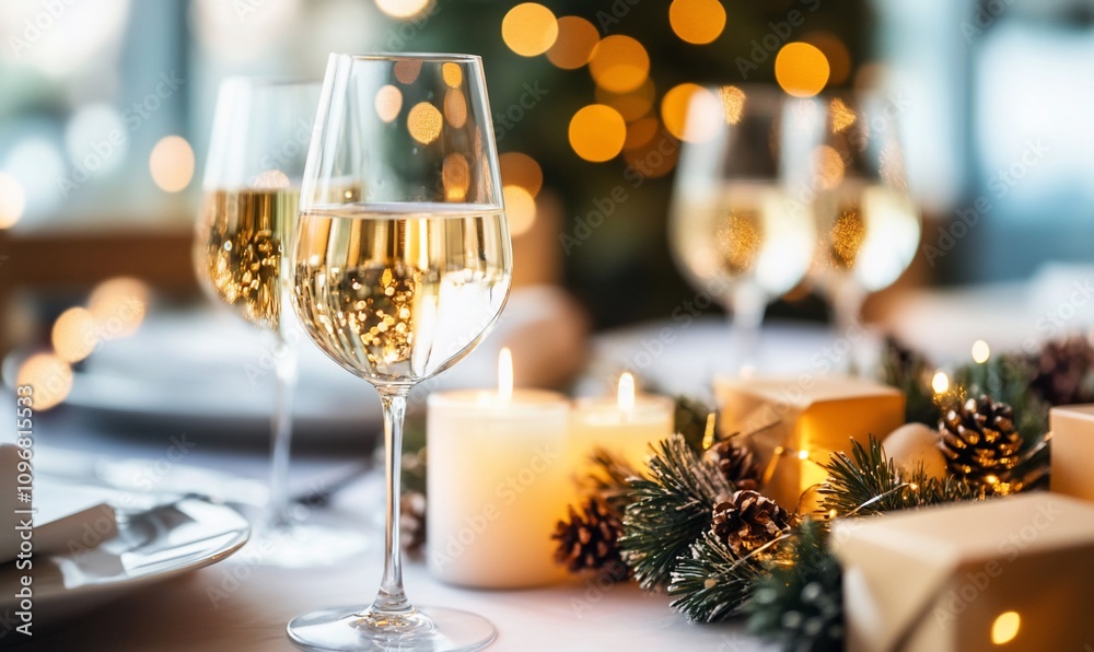Elegant table setting with wine glasses and candles for a festive occasion. Elegant table setting with wine glasses and candles for a festive occasion.