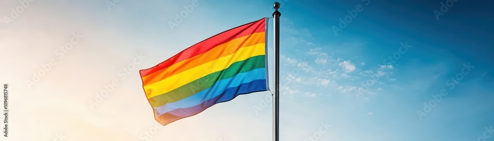 Rainbow flag flying alongside a national flag, bright sky backdrop, upward perspective, sharp contrast Rainbow flag flying alongside a national flag, bright sky backdrop, upward perspective, sharp contrast