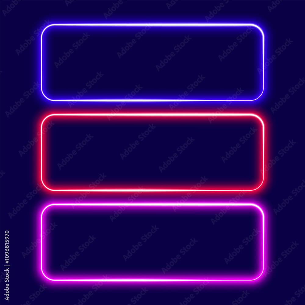 Neon rectangle frames, glowing signs set, vector illustration. Neon rectangle frames, glowing signs set, vector illustration.