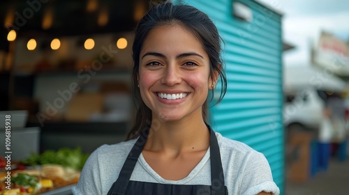 Smiling young woman food vendor at a market photo