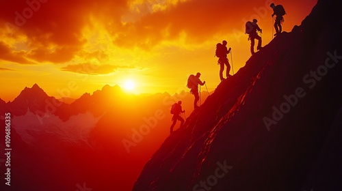 Silhouetted hikers ascend a mountain at sunset. photo