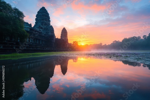 Mystical Angkor Wat at dawn, watercolor sunrise reflecting in ancient lotusfilled ponds, intricate carvings photo