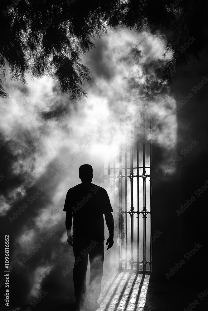 Mysterious figure walking through a smoky doorway. Concept of mystery, solitude, and the unknown. Mysterious figure walking through a smoky doorway. Concept of mystery, solitude, and the unknown.
