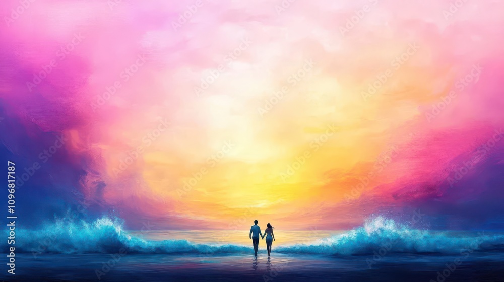 Lovers walking on a beach at sunset, waves crashing, warm golden and pink hues, impressionistic painting style Lovers walking on a beach at sunset, waves crashing, warm golden and pink hues, impressionistic painting style