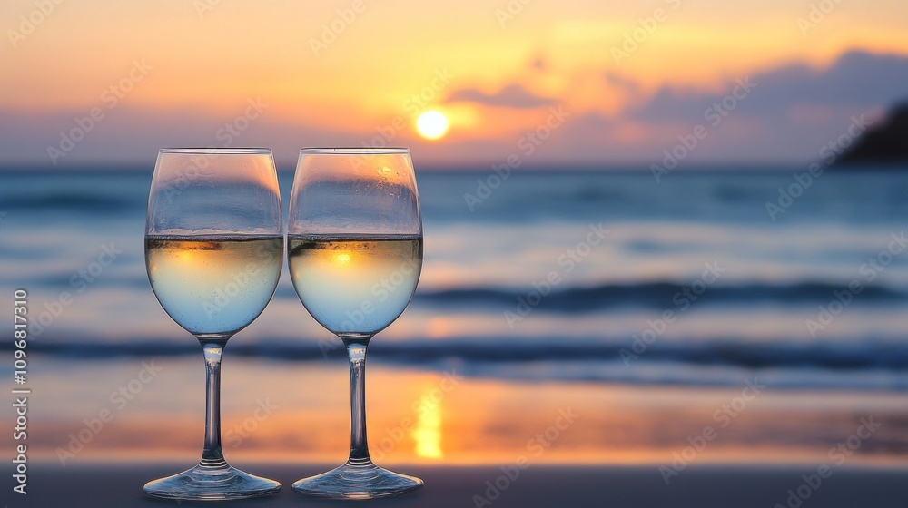 Romantic Sunset Beach with Two Wine Glasses Romantic Sunset Beach with Two Wine Glasses