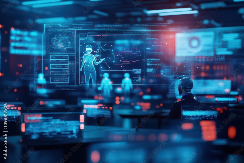 Hightech virtual classroom with students as holograms, a futuristic teacher avatar guiding them, screens displaying interactive educational content Hightech virtual classroom with students as holograms, a futuristic teacher avatar guiding them, screens displaying interactive educational content