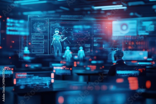 Hightech virtual classroom with students as holograms, a futuristic teacher avatar guiding them, screens displaying interactive educational content