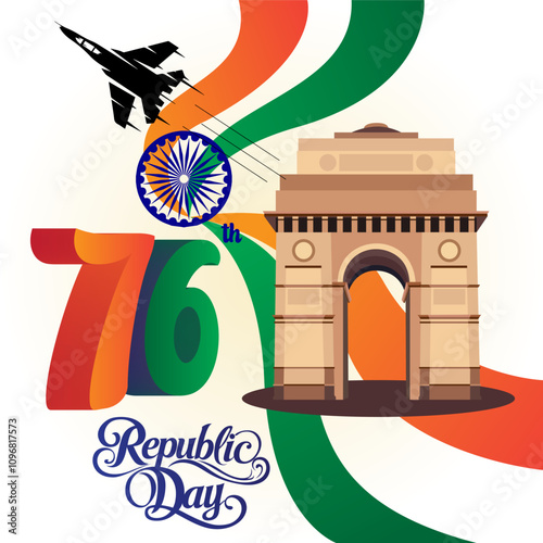 The image celebrates India's 76th Republic Day with India Gate Ashoka Chakra Tricolor and jet fighter symbolizing history unity strength and patriotic pride
