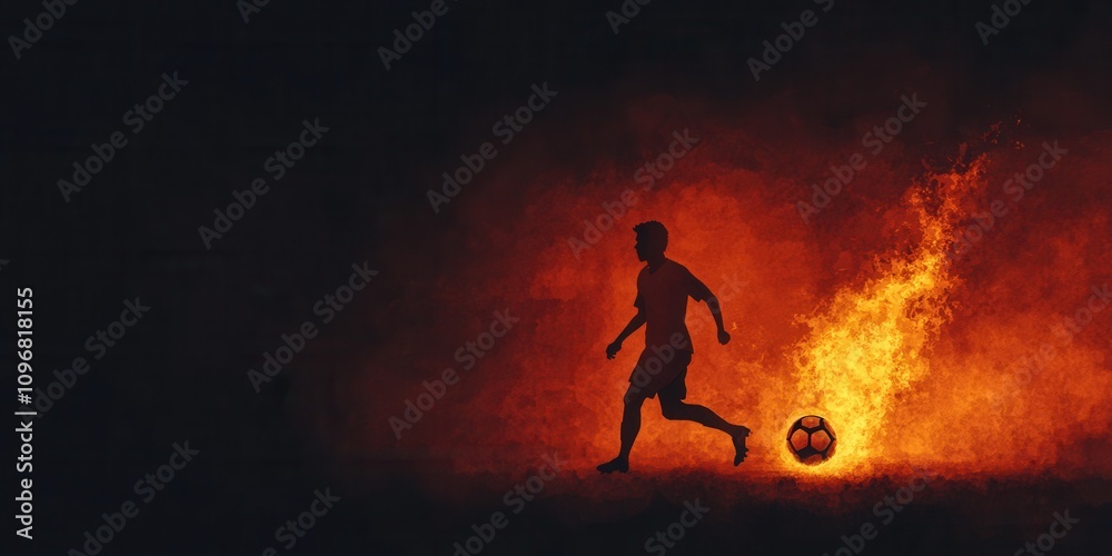 A silhouette of a player kicking a flaming soccer ball, set against a dramatic dark background with an intense orange glow. A silhouette of a player kicking a flaming soccer ball, set against a dramatic dark background with an intense orange glow.