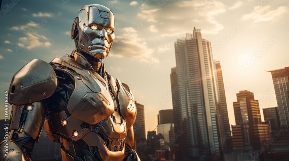 Naklejka premium A silver robot cyborg standing tall against a modern cityscape with copyspace for your text.