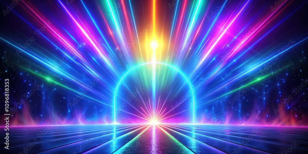 Naklejka premium A Cosmic Gateway of Vibrant Neon Lights Casting a Rainbow Glow on a Reflective Surface