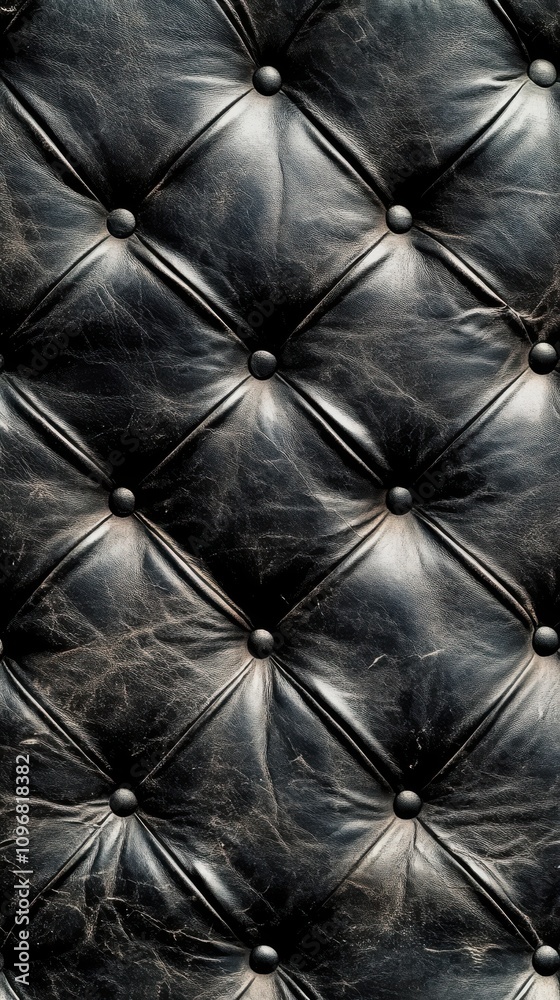 Fototapeta premium Close-up of a worn black leather tufted surface, showcasing intricate stitching and textures.