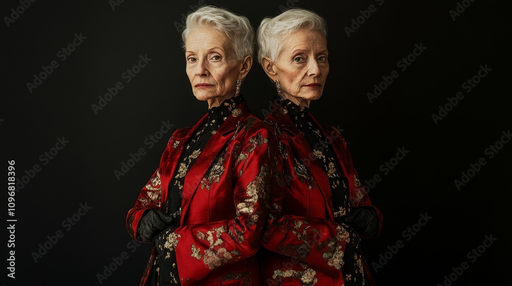 Chic Contrasts: Elderly Twin Models in High-Definition Lighting - Editorial Fashion Showcase Chic Contrasts: Elderly Twin Models in High-Definition Lighting - Editorial Fashion Showcase