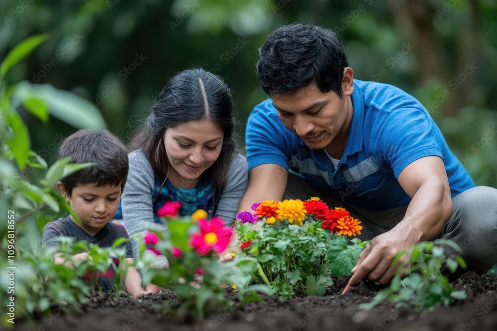 Family planting a garden, rich earthy tones, colorful plants and flowers, symbolizing growth and unity Family planting a garden, rich earthy tones, colorful plants and flowers, symbolizing growth and unity