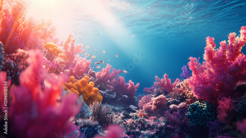 Vibrant coral reef with sunlight shining through the water. Vivid Coral Reefs. Illustration