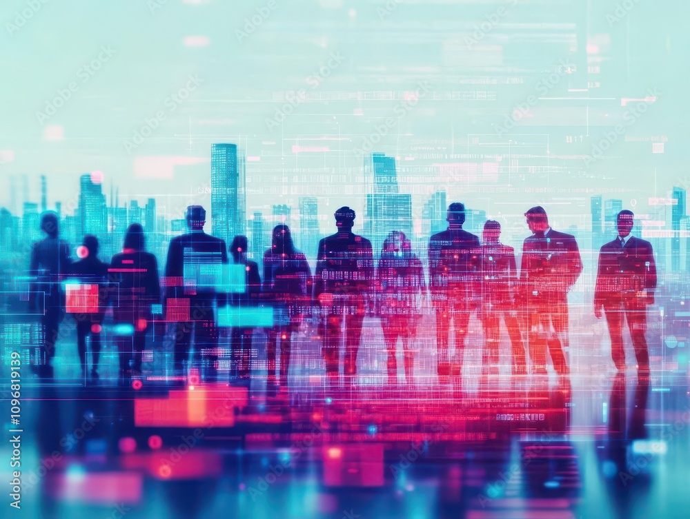 Diverse professional team in a futuristic cityscape setting, front view highlights inclusion in innovation cybernetic tone Triadic Color Scheme Diverse professional team in a futuristic cityscape setting, front view highlights inclusion in innovation cybernetic tone Triadic Color Scheme