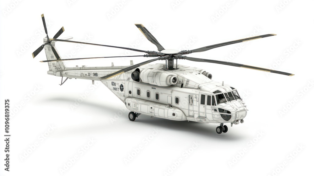 A detailed model of a military helicopter in a white color scheme. A detailed model of a military helicopter in a white color scheme.