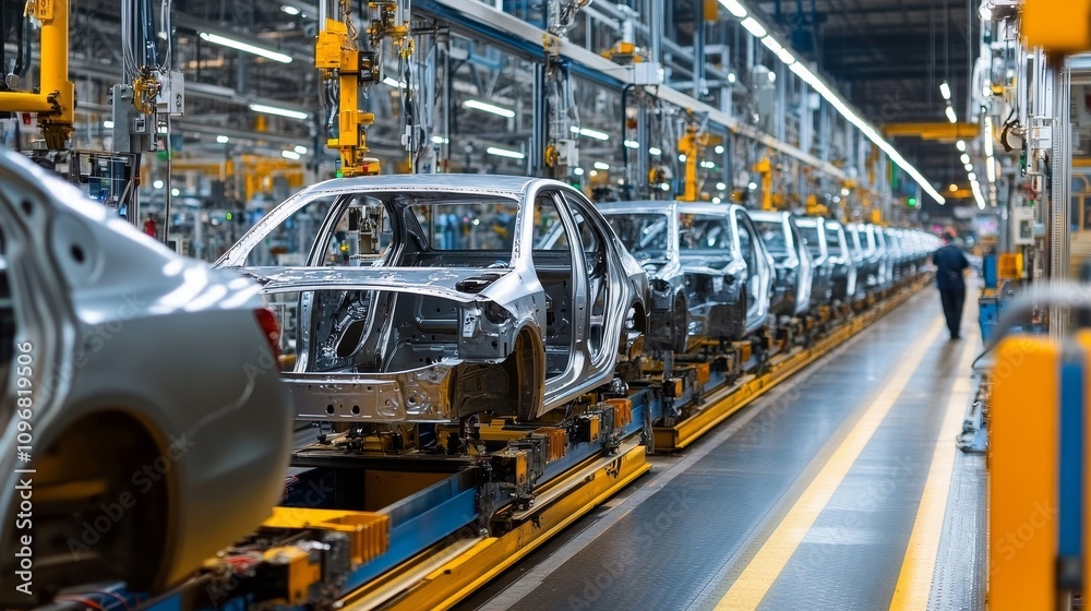 A car assembly line with a worker walking by A car assembly line with a worker walking by