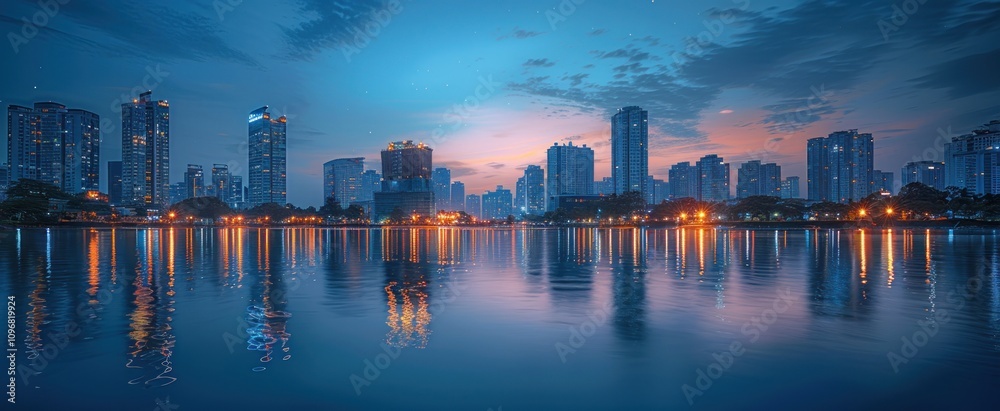 Obraz premium Cityscape at Twilight with a Reflective Lake