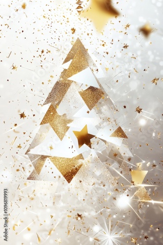 White and gold christmas tree with falling snow and best wishes message, perfect for a modern and elegant christmas greeting card, vertical