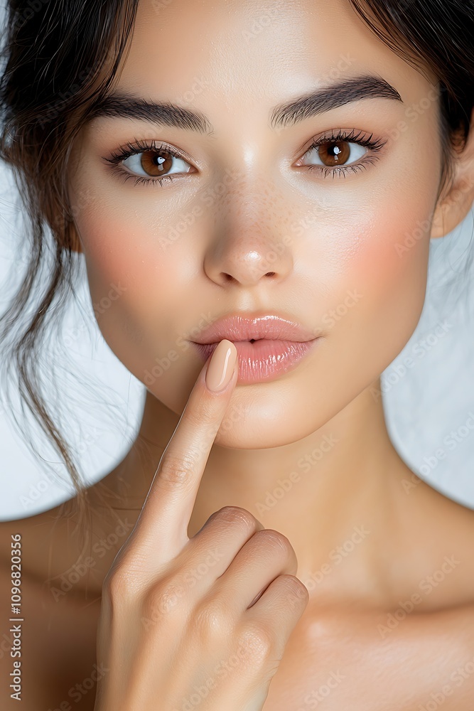 The extreme close up front view captures a stunning woman with perfectly manicured nails pressing her index finger against pursed lips in a hushed shh gesture The extreme close up front view captures a stunning woman with perfectly manicured nails pressing her index finger against pursed lips in a hushed shh gesture