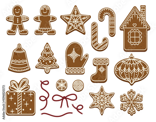 Collection of gingerbread cookies, stars, candy canes, ornaments, snowflakes, and gingerbread people. Flat festive illustration. Christmas baking and decoration concept for design and print