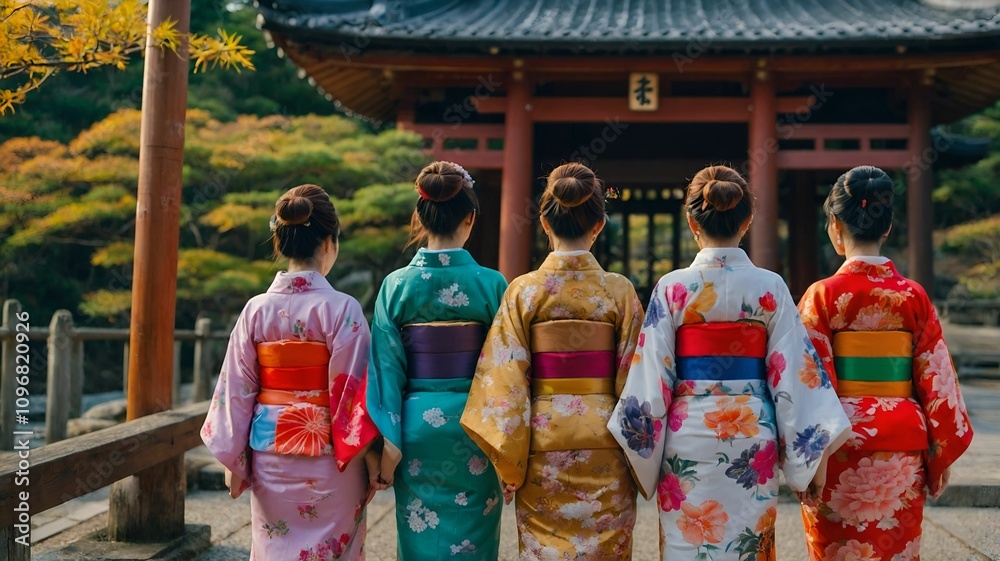 Five women in colorful kimonos stand together, facing a traditional Japanese temple, surrounded by lush autumn foliage.