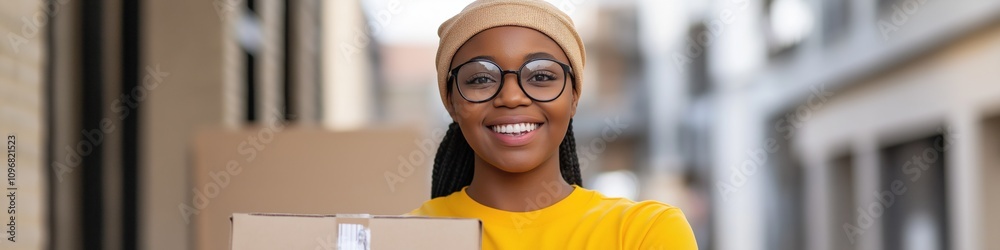 A woman wearing glasses and a yellow shirt is holding a cardboard box. She is smiling and she is happy A woman wearing glasses and a yellow shirt is holding a cardboard box. She is smiling and she is happy