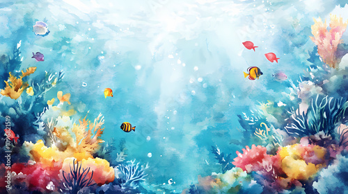 Fototapeta Naklejka Na Ścianę i Meble -  A colorful watercolor underwater background with fish and a coral reef. ocean backdrop. Vivid Coral Reefs. Illustration