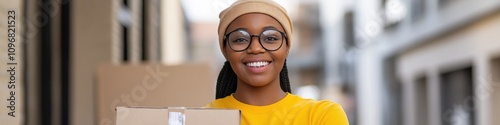 A woman wearing glasses and a yellow shirt is holding a cardboard box. She is smiling and she is happy