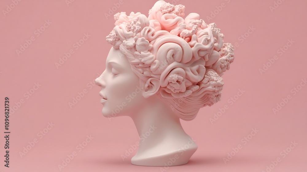Abstract Pastel Pink Sculpture of a Woman's Head with Intricate Hair Abstract Pastel Pink Sculpture of a Woman's Head with Intricate Hair