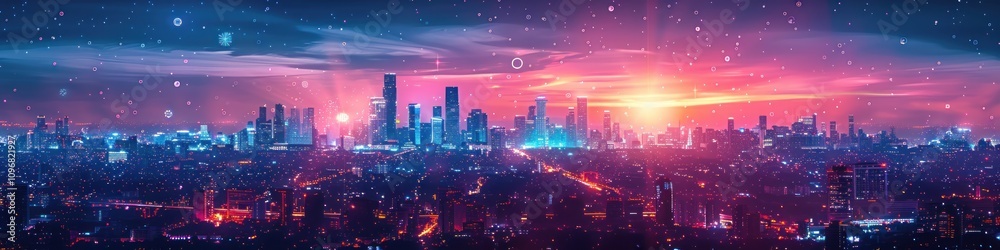 Obraz premium Futuristic Cityscape with Vibrant Sunset
