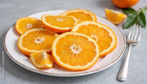 Orange slices on white plate, fresh and bright culinary presentation