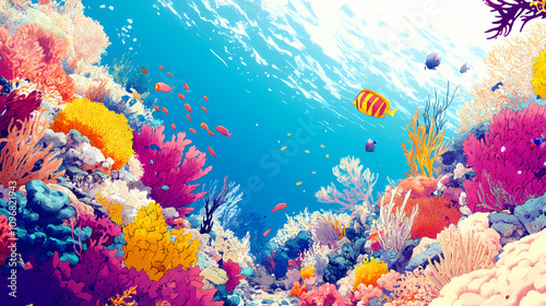 Fototapeta Naklejka Na Ścianę i Meble -  A cartoon illustration of an underwater scene with colorful coral reefs and fish. Vivid Coral Reefs. Illustration