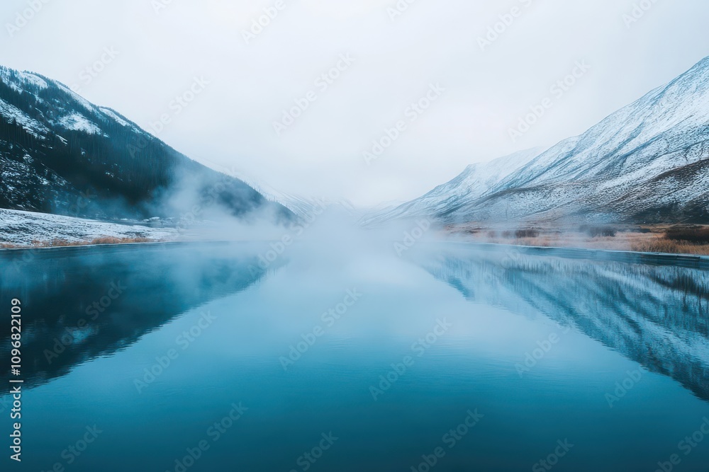 Fototapeta premium A tranquil hot spring surrounded by snowy mountains, steam rising gently into the watercolorpainted sky
