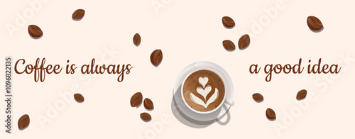 Coffee horizontal poster design with cute lettering. Vector illustration of hot coffee with art on foam. Design of coffee beans scattered on background