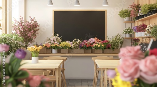 A classroom with a blackboard and a bunch of flowers