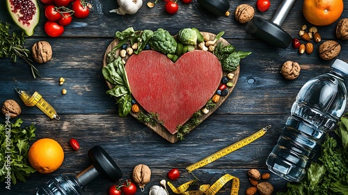 A heart shaped plate with fresh fruits vegetables background